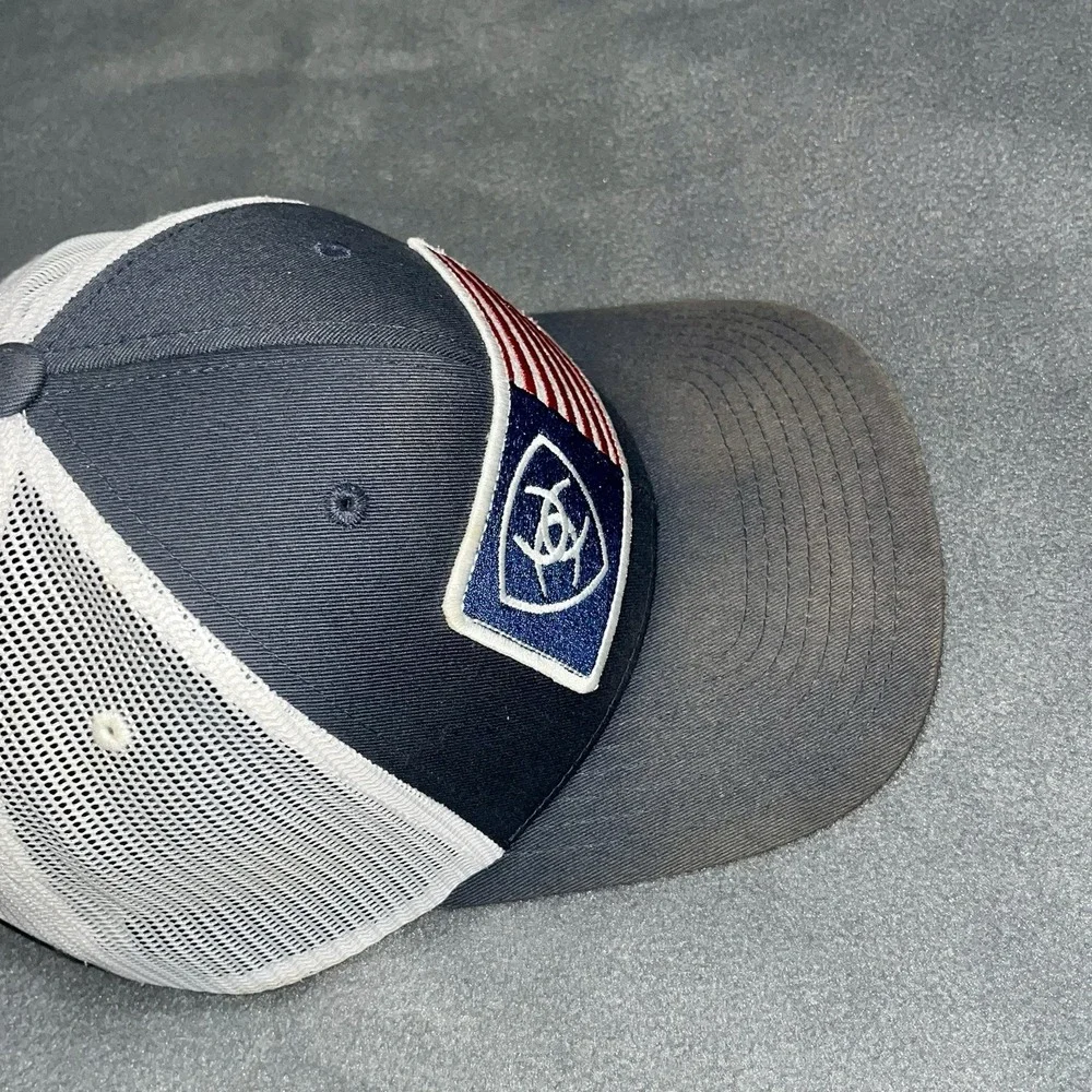 Ariat Hat Cap Snap Back Navy White American Flag Patch Mesh Trucker Mens Rodeo‎